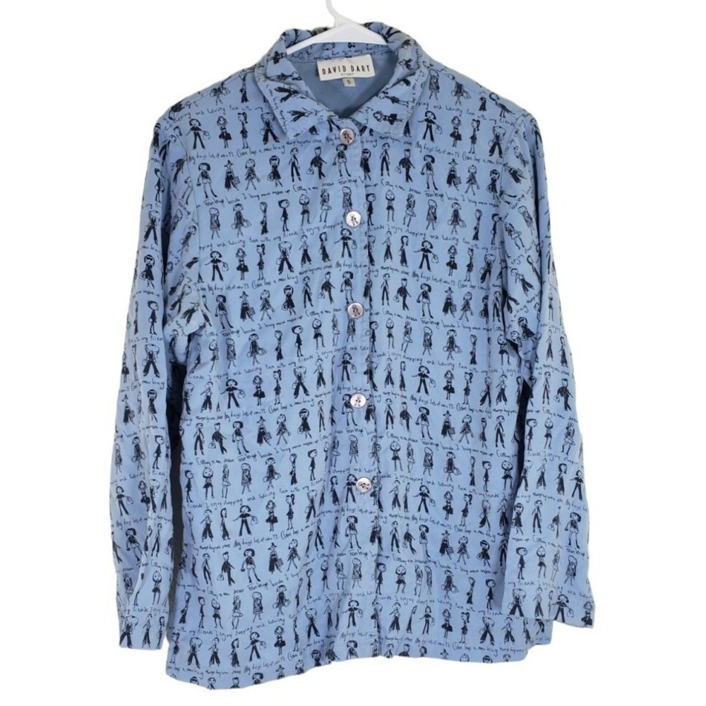 David Dart Sport Women's SZ S Blouse Button Up Long Sleeve Blue Shopping Print